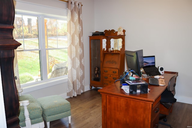 office with hardwood / wood-style floors and a healthy amount of sunlight