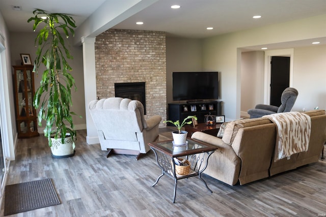 living room with a fireplace and wood-type flooring