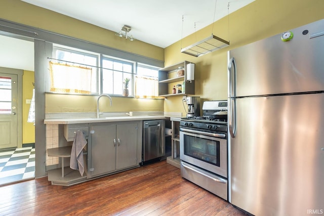 kitchen with dark hardwood / wood-style flooring, a healthy amount of sunlight, sink, and stainless steel appliances