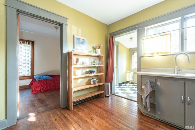 corridor with dark hardwood / wood-style flooring and sink