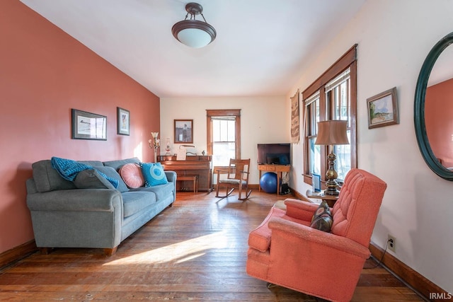 living room with a wealth of natural light and wood-type flooring