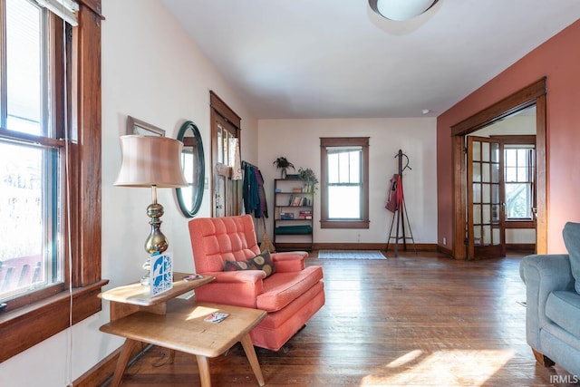 sitting room with dark hardwood / wood-style floors