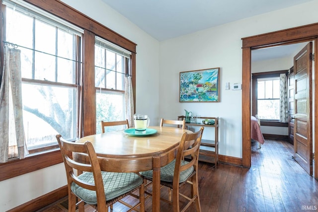 dining area featuring plenty of natural light and dark wood-type flooring