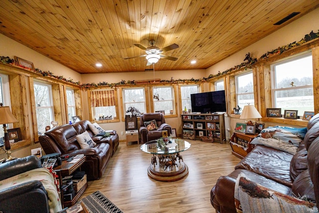 living room with light hardwood / wood-style flooring, a wealth of natural light, and wooden ceiling