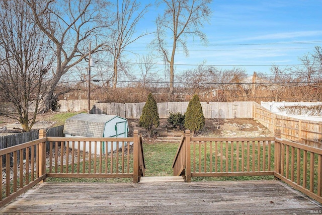 deck featuring a shed