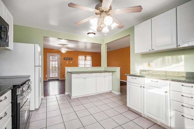 kitchen with light tile patterned floors, white cabinetry, ceiling fan, and black appliances