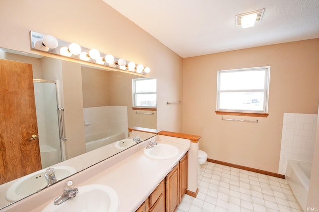 full bathroom featuring plus walk in shower, vanity, and toilet