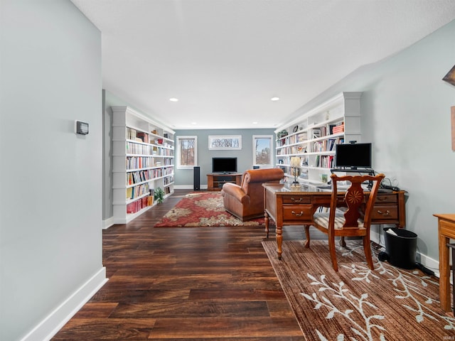 home office featuring dark hardwood / wood-style floors