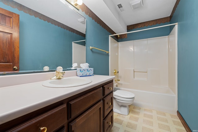 full bathroom with vanity, bathtub / shower combination, and toilet