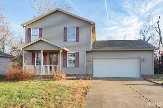 front facade featuring a porch, a garage, and a front lawn