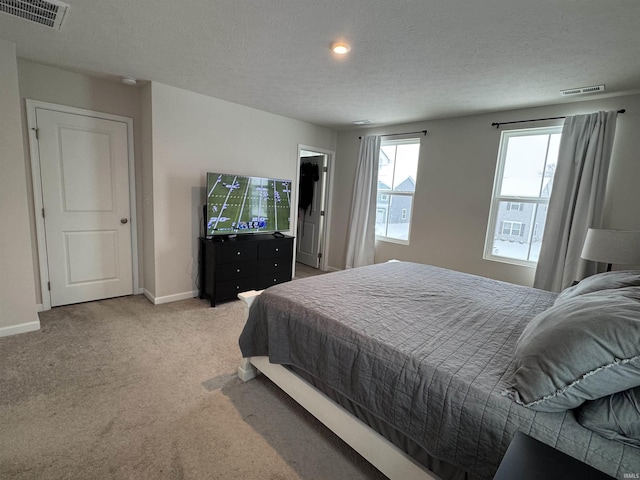 bedroom with carpet flooring and a textured ceiling