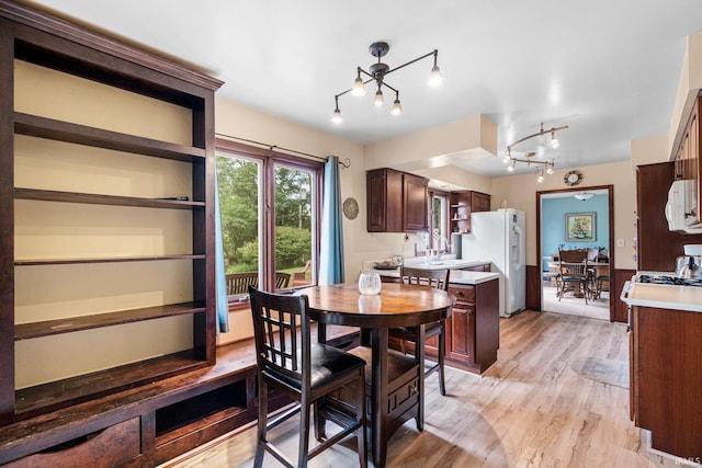 dining area with light hardwood / wood-style flooring and sink