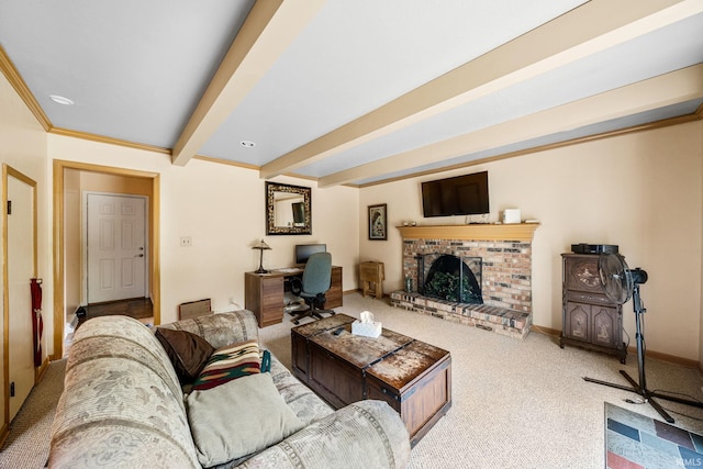 carpeted living room with crown molding, beamed ceiling, and a brick fireplace