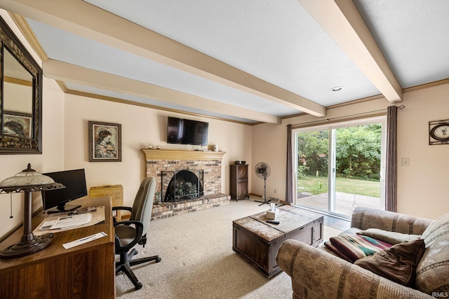 living room featuring a fireplace, beam ceiling, light colored carpet, and crown molding