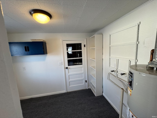 interior space with gas water heater and dark colored carpet