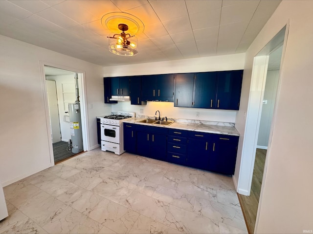 kitchen featuring blue cabinetry, gas range gas stove, sink, and water heater