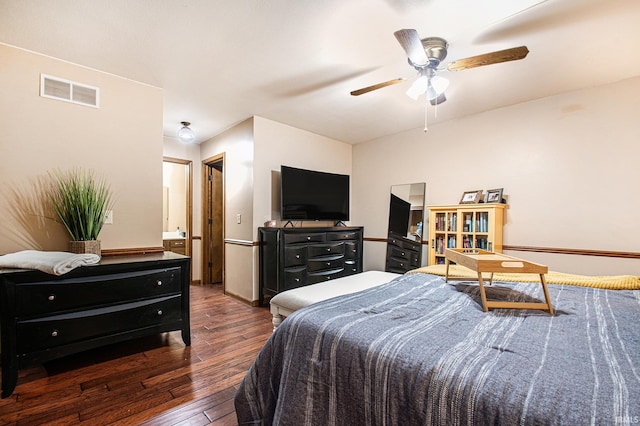 bedroom featuring ceiling fan and dark hardwood / wood-style flooring