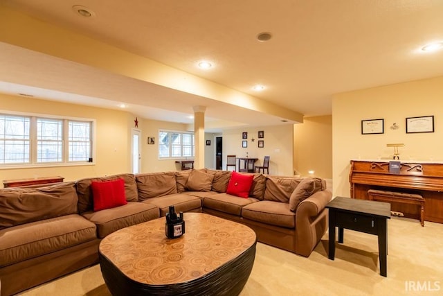 living room with light carpet