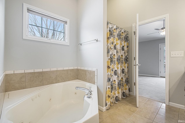 bathroom featuring tile patterned floors, ceiling fan, and independent shower and bath