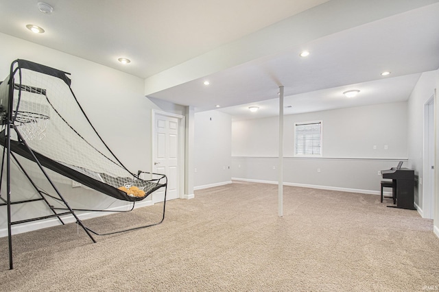 basement featuring carpet flooring