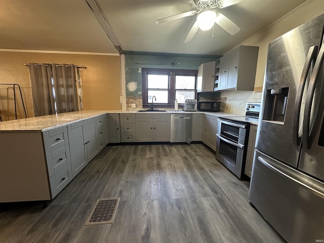 kitchen with kitchen peninsula, appliances with stainless steel finishes, ceiling fan, sink, and dark hardwood / wood-style floors