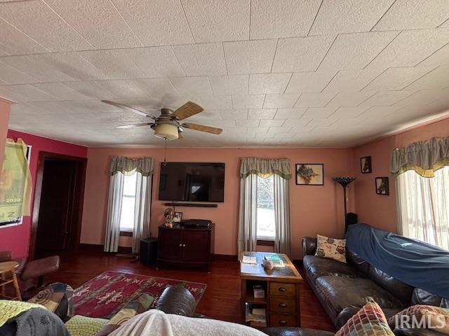 living room with ceiling fan, a healthy amount of sunlight, and dark hardwood / wood-style flooring