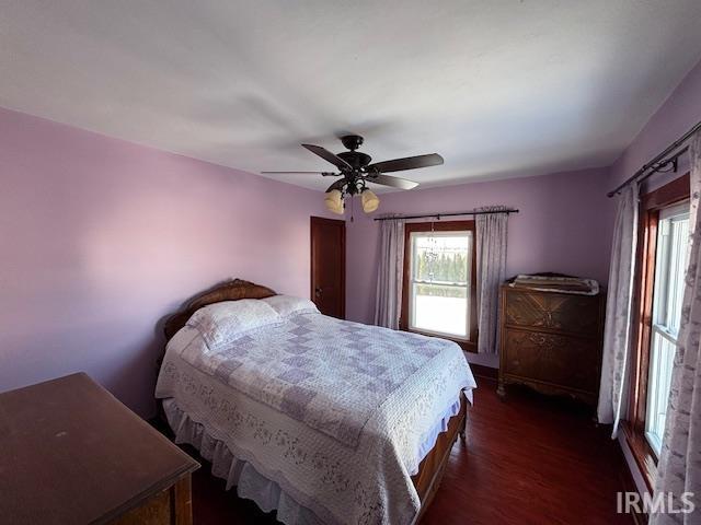 bedroom featuring ceiling fan and dark wood-type flooring