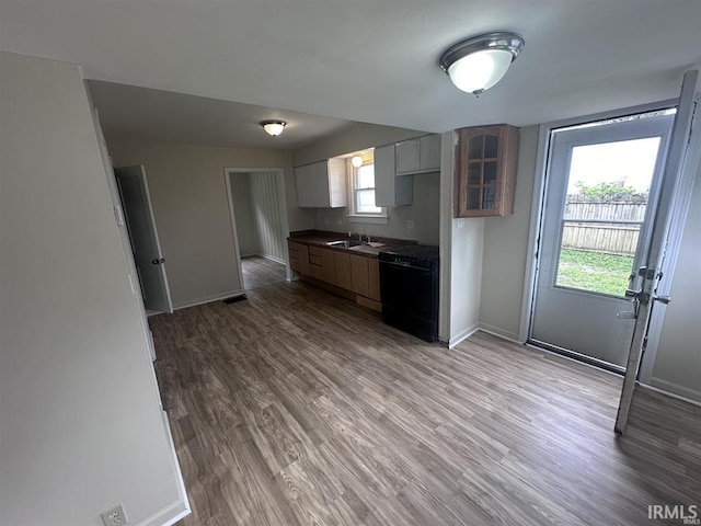 kitchen with dishwasher, electric range, dark hardwood / wood-style floors, and sink