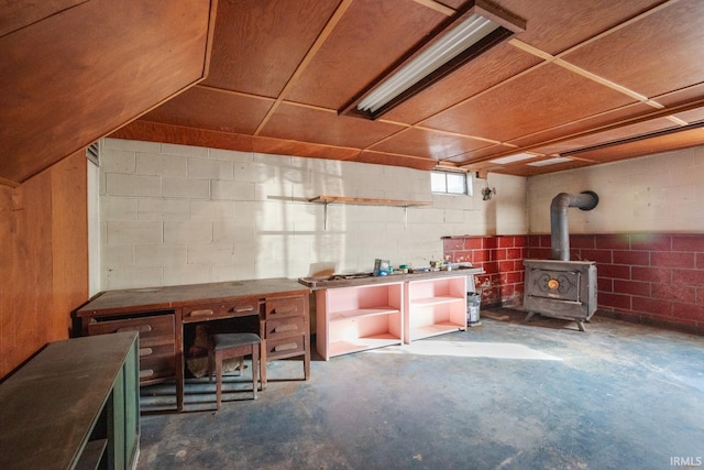 basement with a wood stove