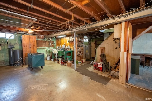 basement featuring a workshop area and electric water heater