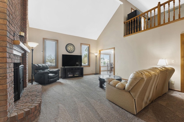 carpeted living room featuring a fireplace and a high ceiling