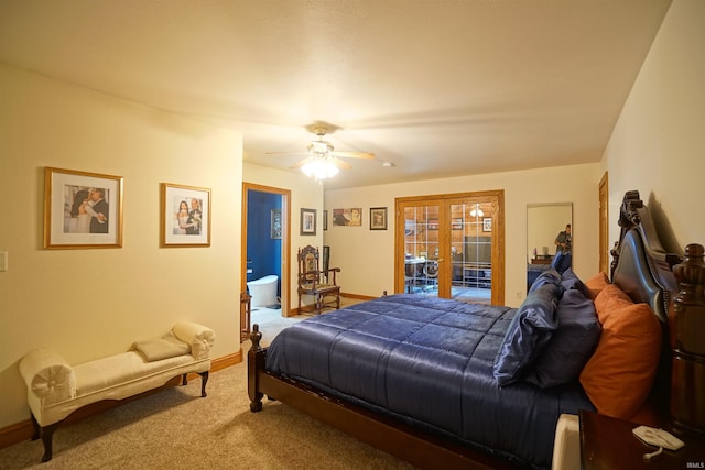 bedroom with carpet flooring, ceiling fan, access to exterior, and french doors