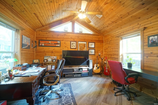 office space with wooden walls, vaulted ceiling, hardwood / wood-style flooring, ceiling fan, and wood ceiling