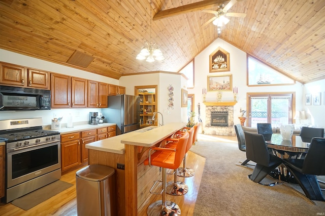 kitchen with wooden ceiling, a stone fireplace, sink, appliances with stainless steel finishes, and a kitchen bar