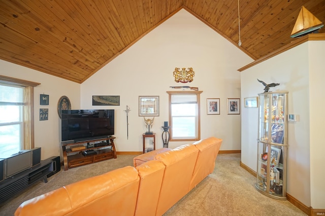 carpeted living room with plenty of natural light, wood ceiling, and high vaulted ceiling