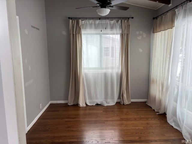 empty room with ceiling fan and dark hardwood / wood-style floors