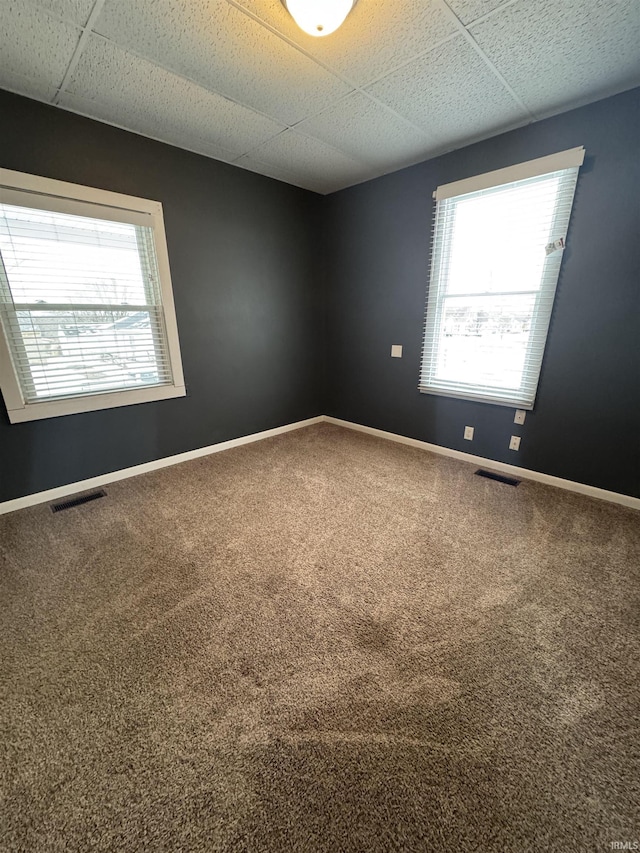 unfurnished room featuring carpet flooring and a drop ceiling