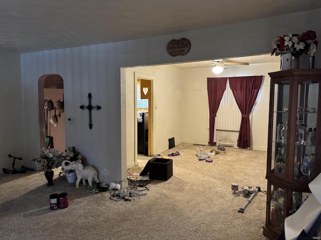 exercise room with ceiling fan and carpet floors