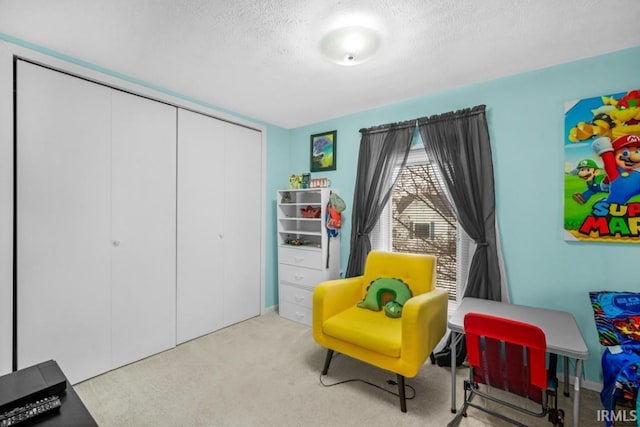 sitting room with light carpet and a textured ceiling