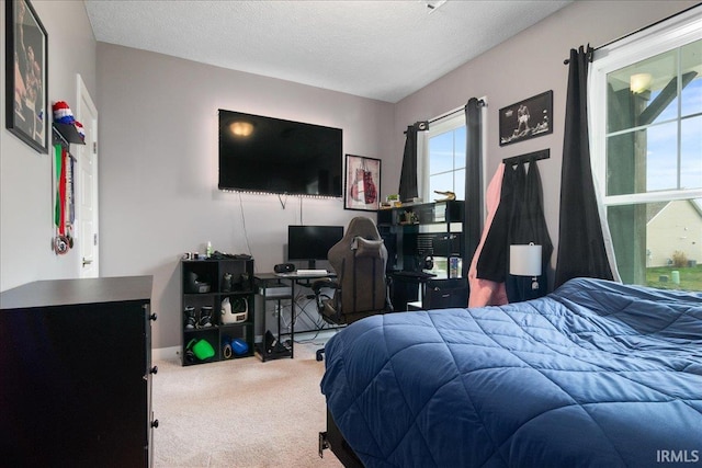 bedroom with carpet and a textured ceiling