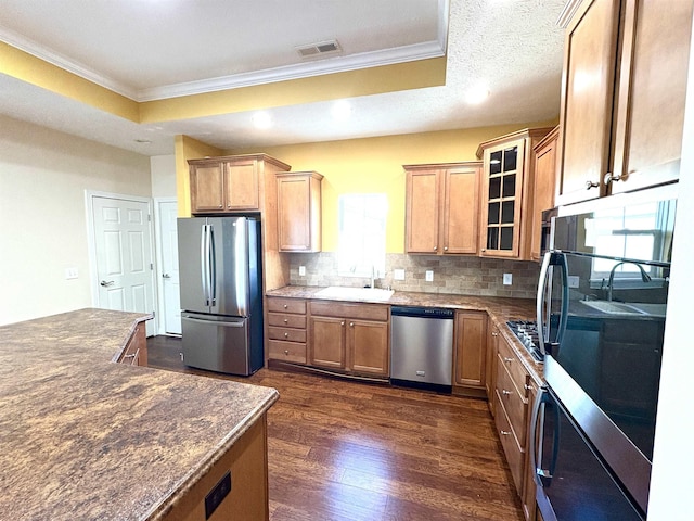 kitchen featuring appliances with stainless steel finishes, a tray ceiling, tasteful backsplash, and sink