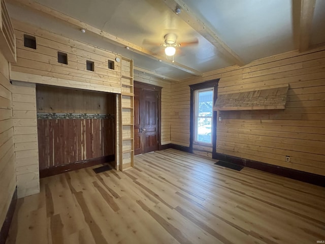 interior space with beamed ceiling, light hardwood / wood-style floors, ceiling fan, and wooden walls