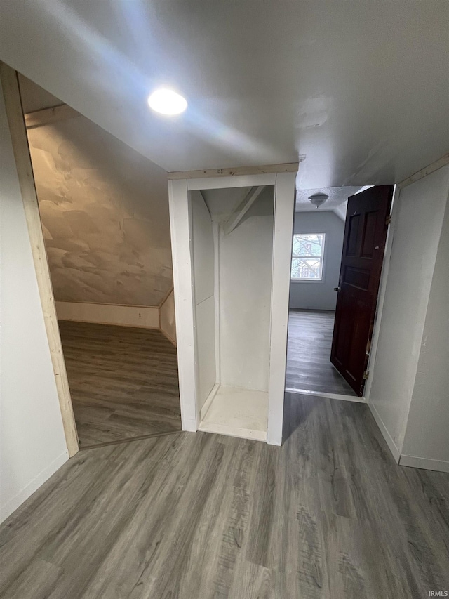 hallway with dark hardwood / wood-style floors