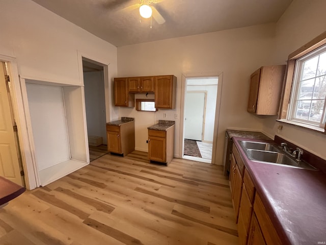 kitchen with ceiling fan, sink, and light hardwood / wood-style flooring