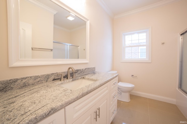 bathroom featuring vanity, tile patterned floors, crown molding, toilet, and an enclosed shower