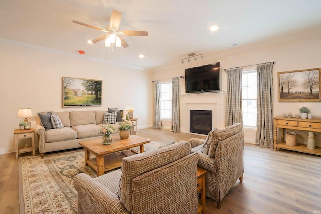 living room with ceiling fan, light hardwood / wood-style floors, ornamental molding, and rail lighting