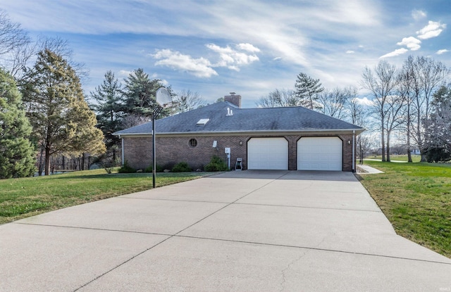 ranch-style house with a garage and a front lawn