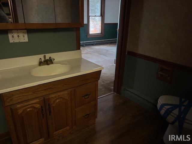 bathroom with vanity and hardwood / wood-style flooring