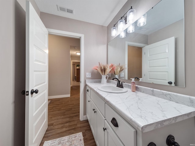 bathroom with wood-type flooring and vanity