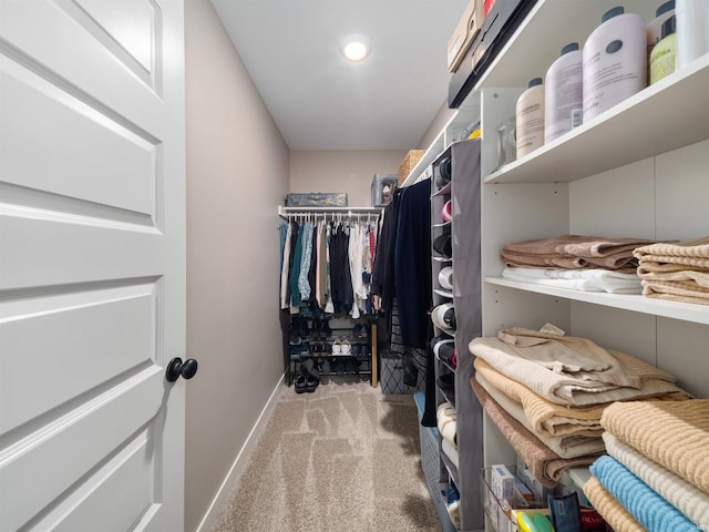 walk in closet with light carpet